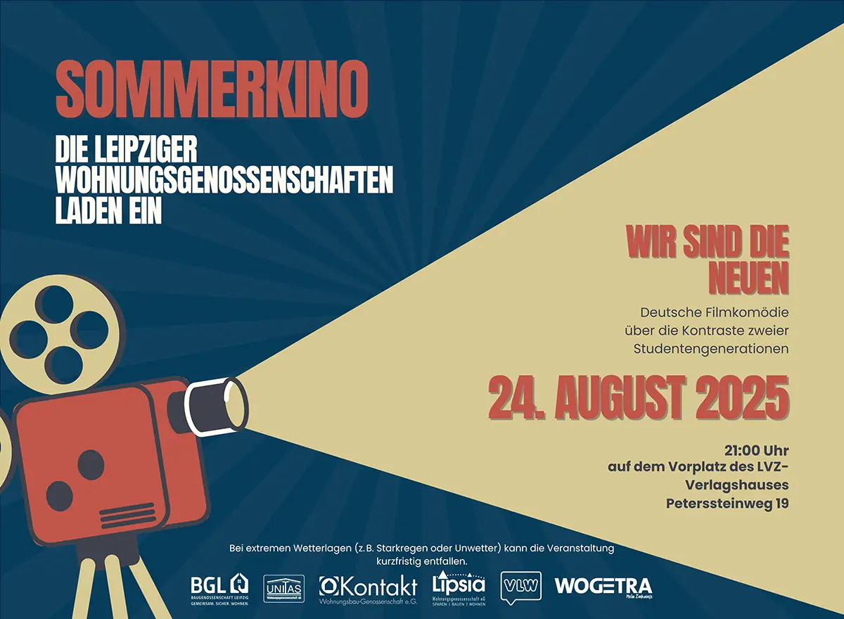 Werbeposter für die Ankündigung des Sommerkinos. Auf der linken Seite ist eine stilisierter Filmprojektor. In einem Lichtkegel, der aus dem Projektor schein, steht das Datum des Sommerkinos und der Film.